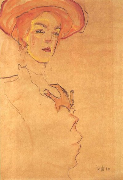 Bildnis einer Dame mit orangefarbenem Hut von Egon Schiele